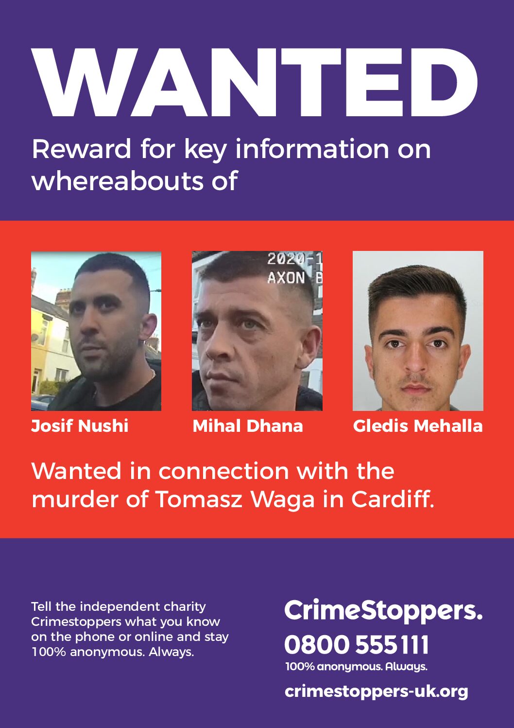 Rewards of £5,000 for each of three men wanted in connection with the murder of Tomasz Waga in Cardiff