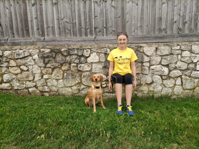 Dogs Trust team member Rachel Cunningham is pictured joining in the challenge with her dog Riley