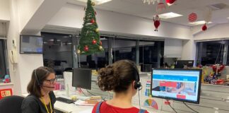 Volunteer Childline counsellors giving their time for children and young people at Christmas